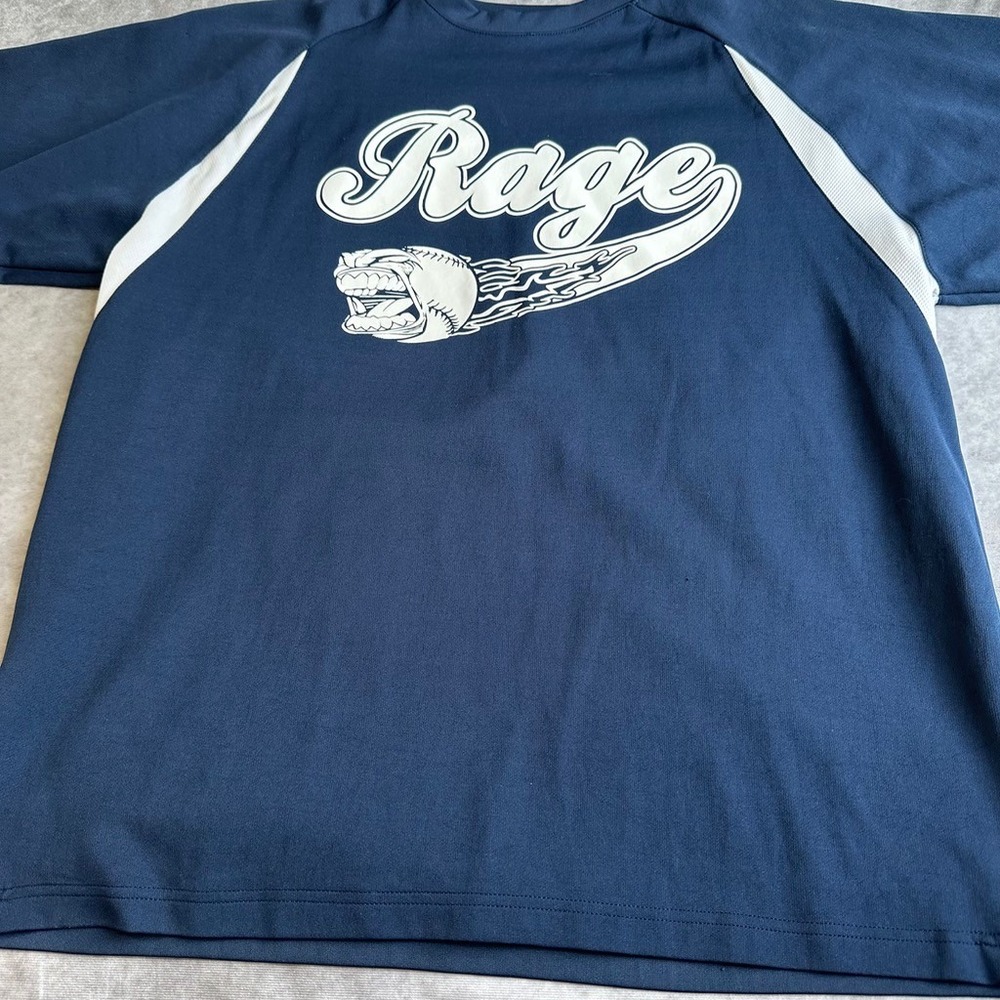 Rage Baseball Jersey Shirt Mens Large Navy Blue Short Sleeve Athletic Tee 28